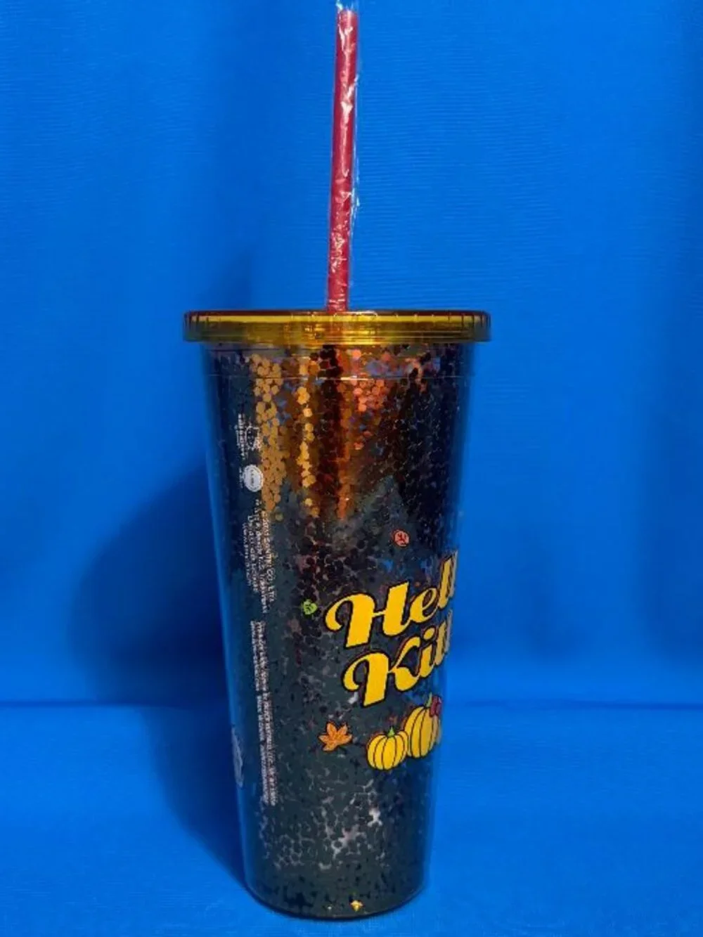 NEW HELLO KITTY PUMPKIN SPICE & PUMPKINS DOUBLE WALLED SEQUIN 32 OZ TUMBLER CUP